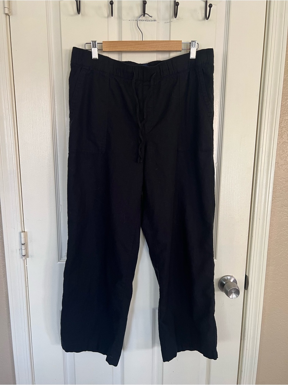 Gap Black Linen Blend Wide Leg Pull On Pants Drawstring Elastic Waist Size L
